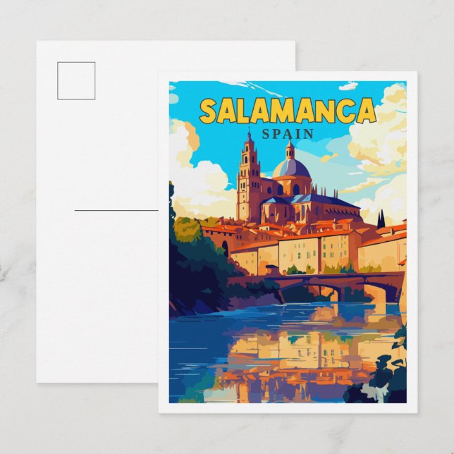 Postal Salamanca España ilustracion de viajes vintage (Anverso / Reverso)