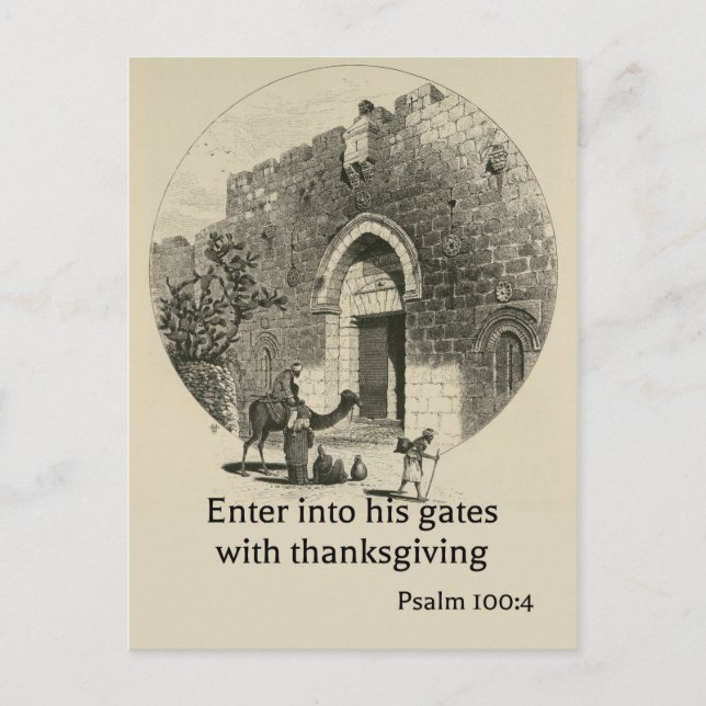 Postal Salmo 100:4 sobre el telón de fondo de las muralla (Anverso)