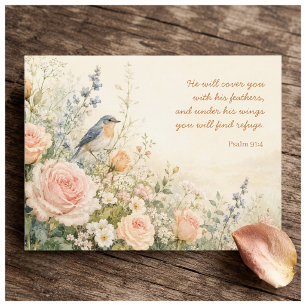 Postal Salmo 91:4 Escritura Bluebird & Rosas
