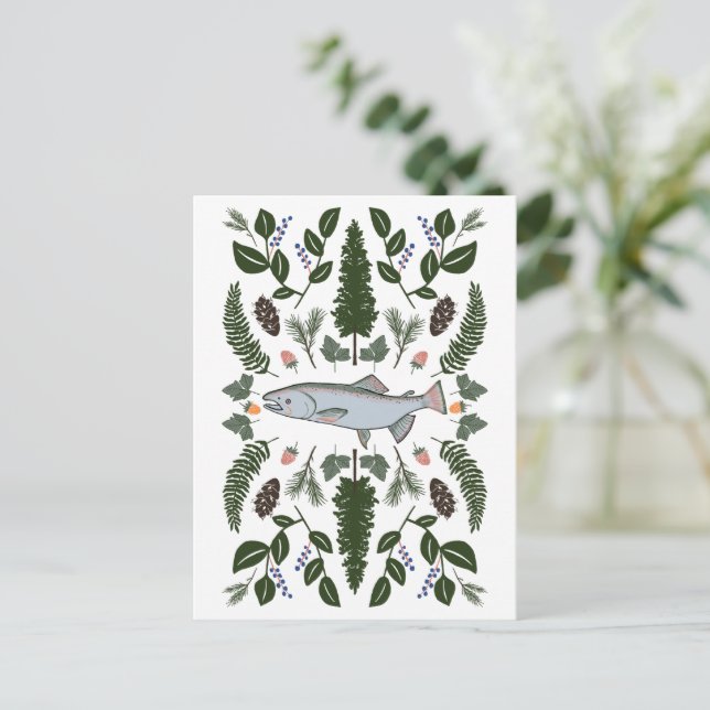 Postal Salmon PNW Naturaleza Fir Ferries Berries Festín (Anverso de pie)