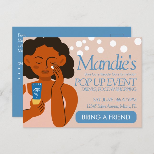 Postal Salón de negocios Estético Evento Pop Up Azul (Anverso / Reverso)