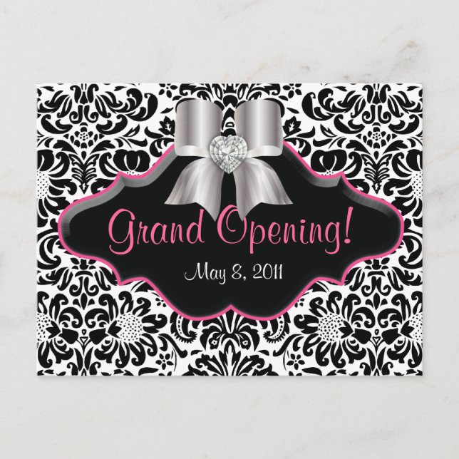 Postal Salon Postcard Damask Black Pink Jewings Bow (Anverso)