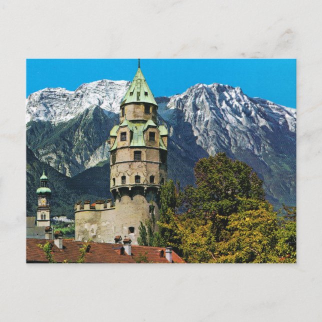 Postal Salón Solbad, Tirol, Austria, Castillo y Montañas (Anverso)