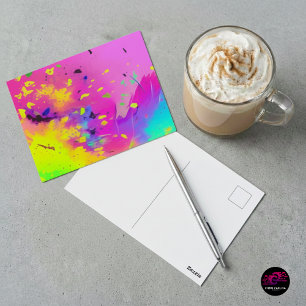 Postal Salpicadura de pintura abstracta neón rosa