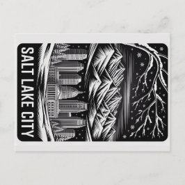 Postal Salt Lake City Skyline Black and White Woodcut 