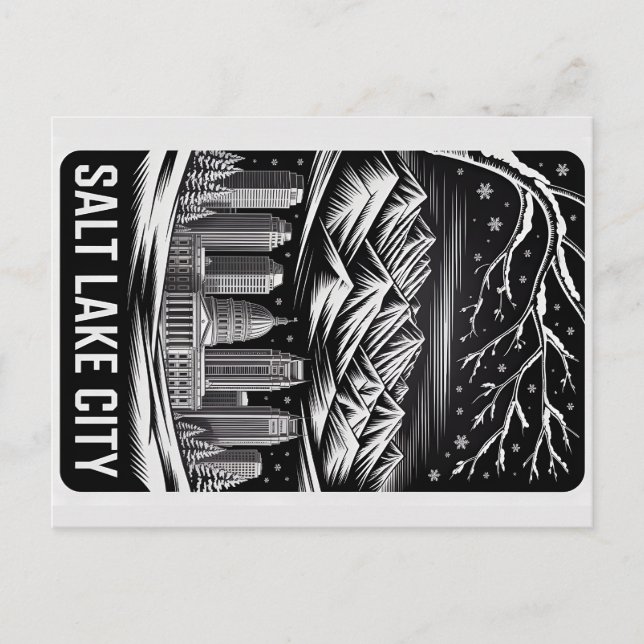 Postal Salt Lake City Skyline Black and White Woodcut  (Anverso)