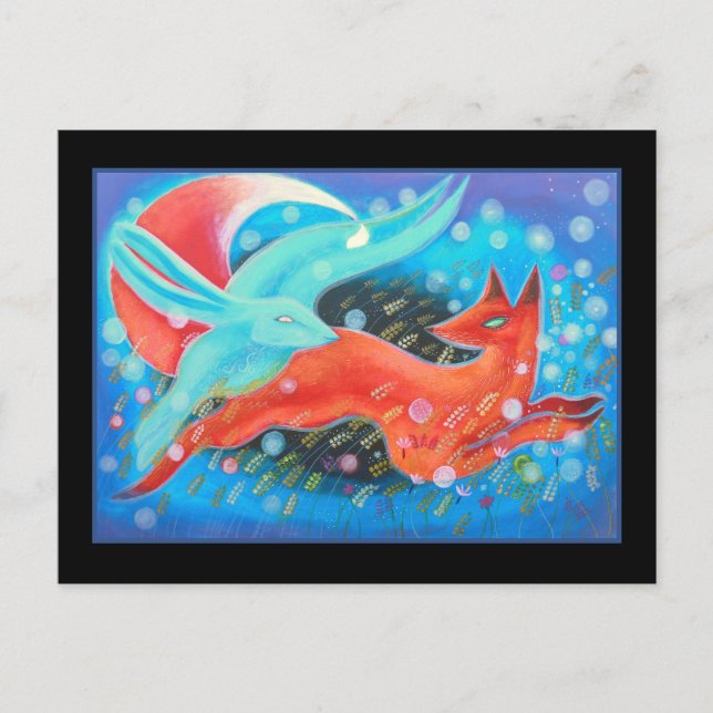 Postal Saltando animales, una zorra y una liebre. (Anverso)