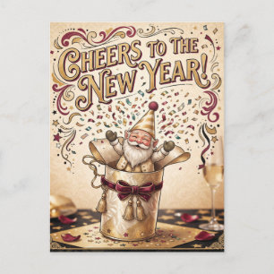 Postal "¡Salud por el Año Nuevo!" con Gnome en una Caja d