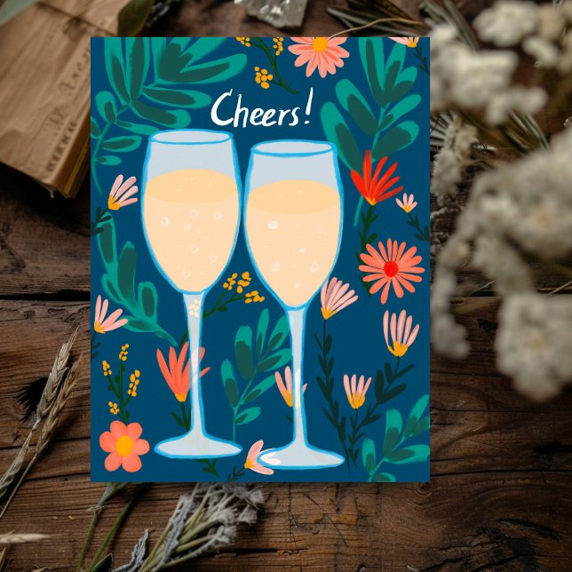 Postal ¡Salud! Vino espumoso Champán Flores Felicidades  (Cheers! Sparkling Wine Champagne Flowers Congrats Engagement wedding Postcard
)