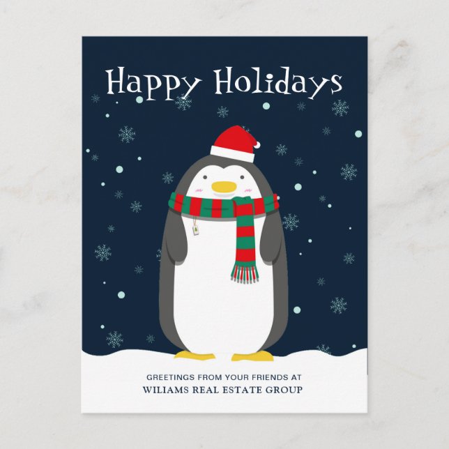Postal Saludo corporativo de Navidades Penguin Santa Hat (Anverso)