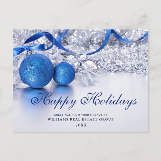 Postal Saludo corporativo de Ornamento de Navidad Azul Pl (Anverso)