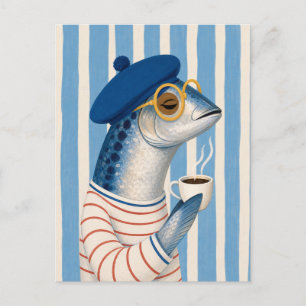 Postal Saludo costero francés chic café de sardina Iover