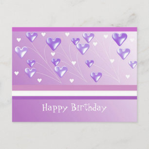 Postal Saludo de cumpleaños con corazones púrpura flotant