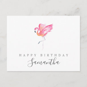 Postal Saludo de cumpleaños de flamenco con acuarela