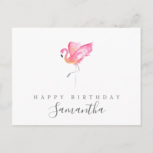 Postal Saludo de cumpleaños de flamenco con acuarela (Anverso)