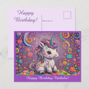 Postal Saludo de cumpleaños de unicornio bebé lindo púrpu