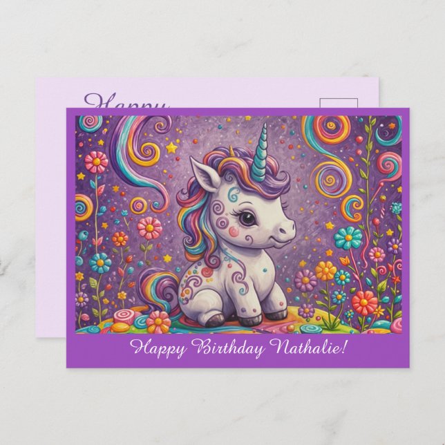 Postal Saludo de cumpleaños de unicornio bebé lindo púrpu (Anverso / Reverso)