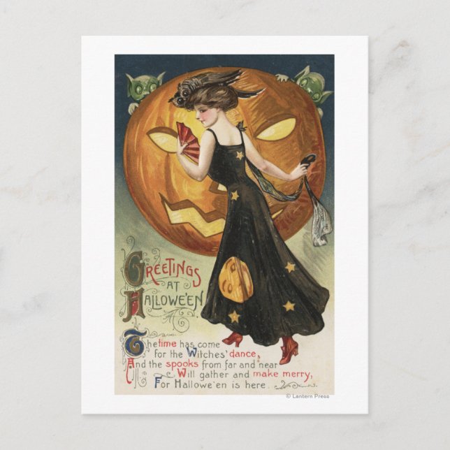 Postal Saludo de Halloween Dancing Bruja y Calabaza (Anverso)