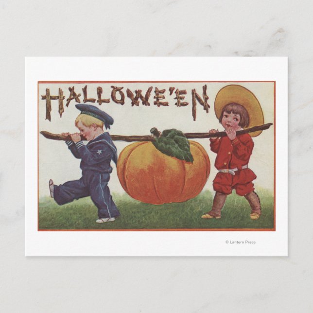 Postal Saludo de Halloween Salto con calabaza (Anverso)