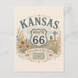 Postal Saludo de la ruta 66 de la pradera de Kansas