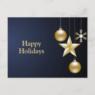 Postal Saludo de Navidad Adornos Dorados Azul Marino