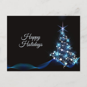 Postal Saludo de Navidad Árbol Brillante Azul Negro Elega