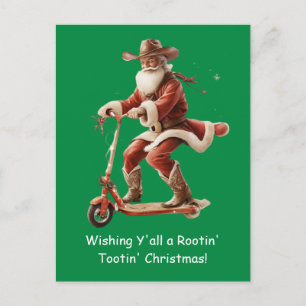 Postal Saludo de Navidad de Vaquero Santa en Scooter