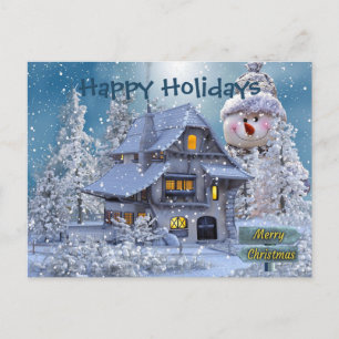Postal Saludo de Navidad Hombre de Nieve Invernal Azul Rú