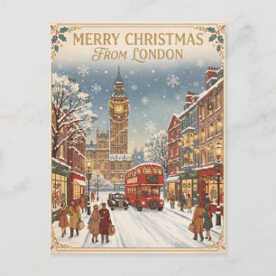 Postal Saludo de Navidad Londinense Nevado Vintage
