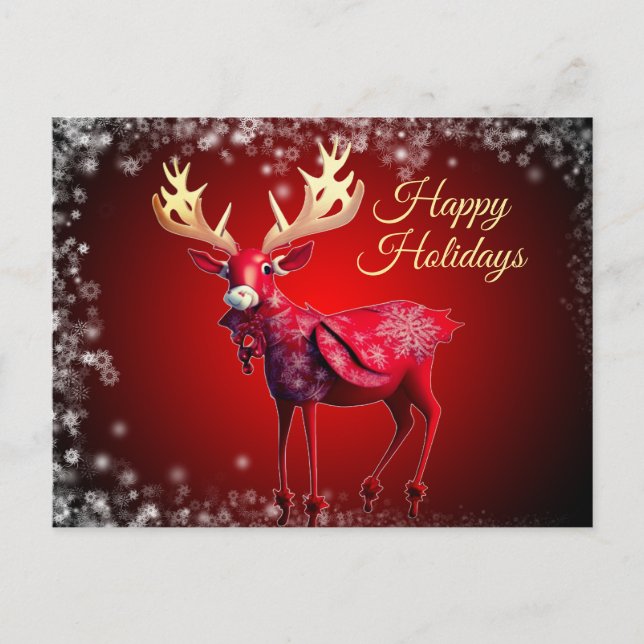 Postal Saludo de Navidad Reno Rojo Fiestas de Invierno (Anverso)