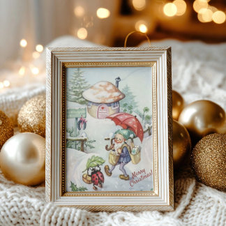 Postal Saludo de Navidad Retro Vintage Gnome y Mariquita
