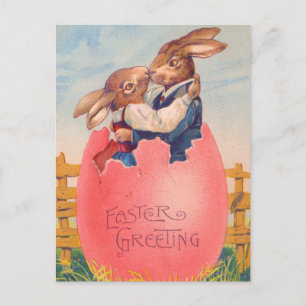 Postal Saludo de Pascua Victoriano Antiguo Dos Conejos se