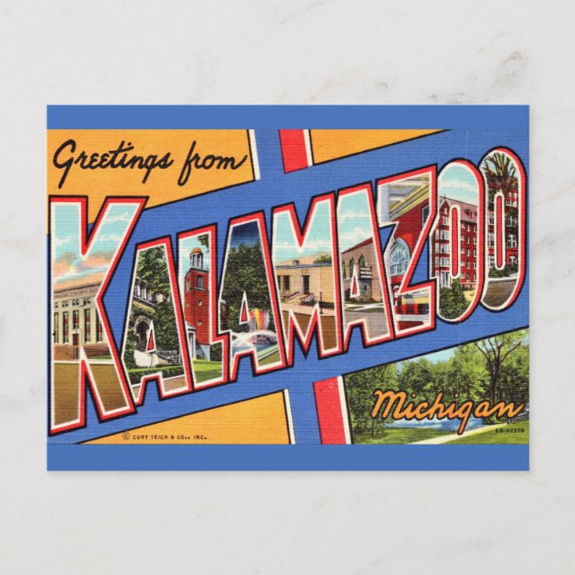 Postal Saludo de Retro Kalamazoo Michigan (Anverso)