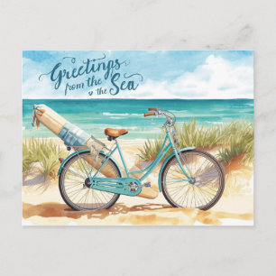 Postal Saludo de surfista del mar con tabla y bicicleta
