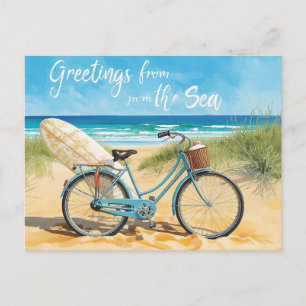 Postal Saludo de surfista del mar con tabla y bicicleta