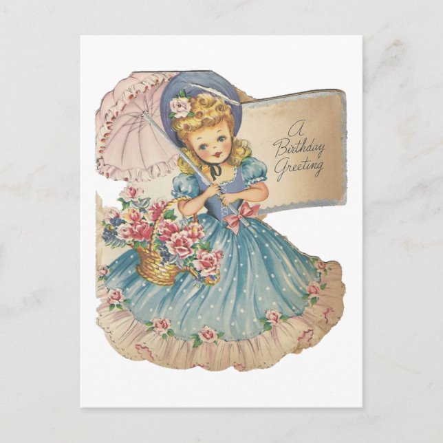 Postal Saludo del chica del cumpleaños del vintage (Anverso)