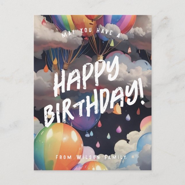 Postal Saludo editable de los globos arcoiris de Bithday (Anverso)