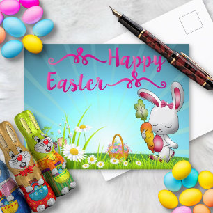 Postal Saludo Feliz Pascua Conejo Flores de Primavera