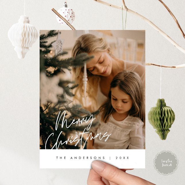 Postal Saludo moderno, Feliz Navidad en familia Foto Pos (Modern Season Greeting, Merry Christmas Family Photo Postcard)