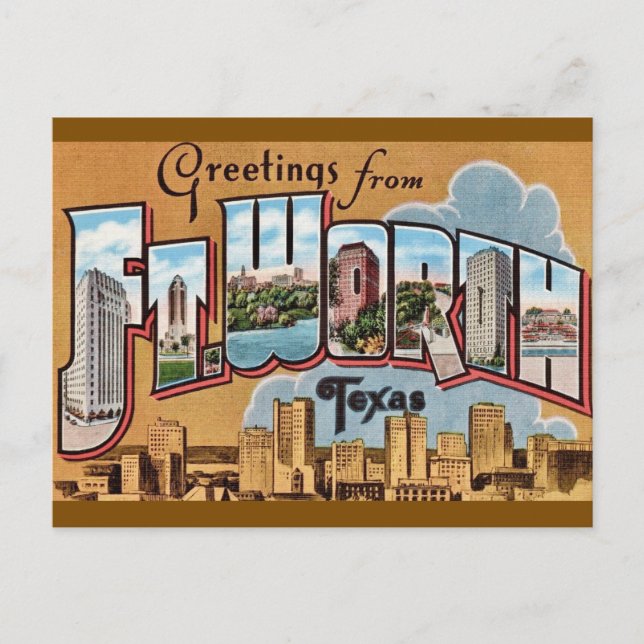 Postal Saludo retro de Fort Worth TX (Anverso)