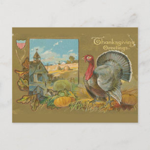 Postal Saludo vintage de Acción de Gracias pavo y granja