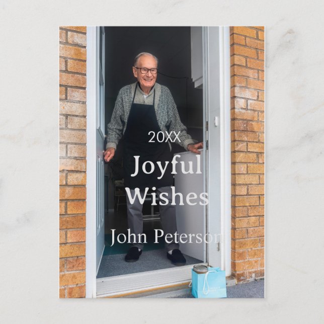 Postal Saludos alegres agregar nombre foto hombre vacacio (Anverso)