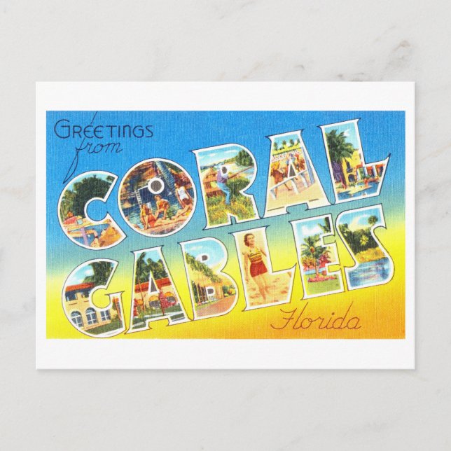 Postal Saludos antiguos de Coral Gables, Florida (Anverso)