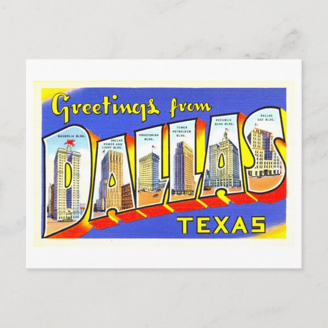 Postal Saludos antiguos de Dallas, Texas, (Anverso)