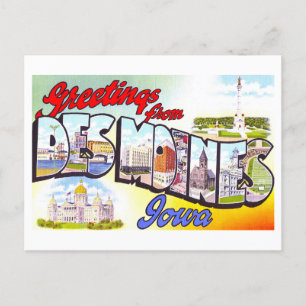Postal Saludos antiguos de Des Moines, Iowa,