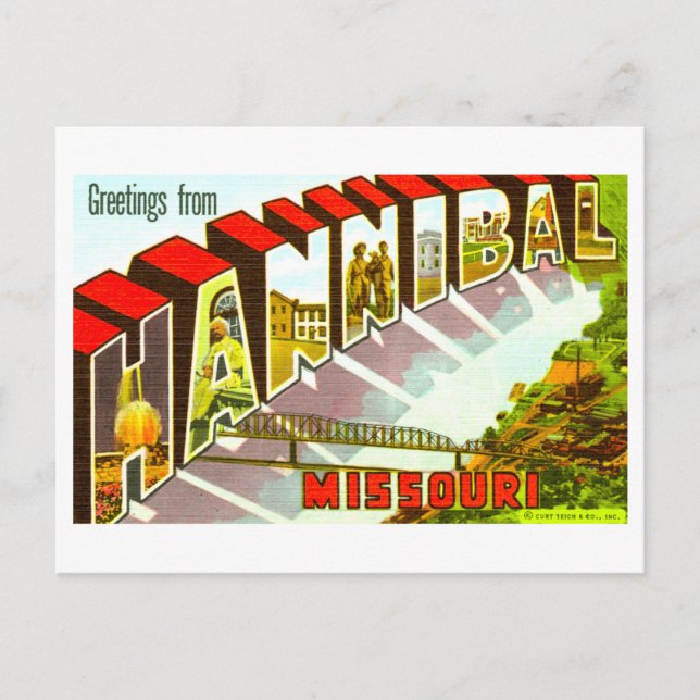 Postal Saludos antiguos de Hannibal, Misuri, (Anverso)