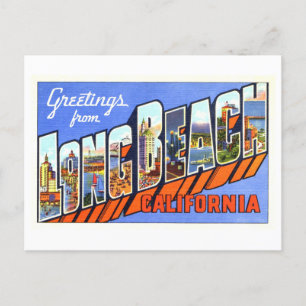 Postal Saludos antiguos de Long Beach, California,