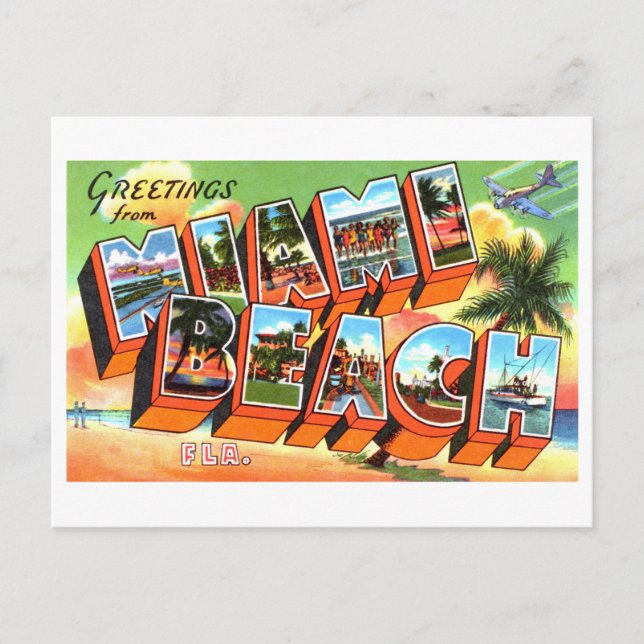 Postal Saludos antiguos de Miami Beach, Florida, (Anverso)