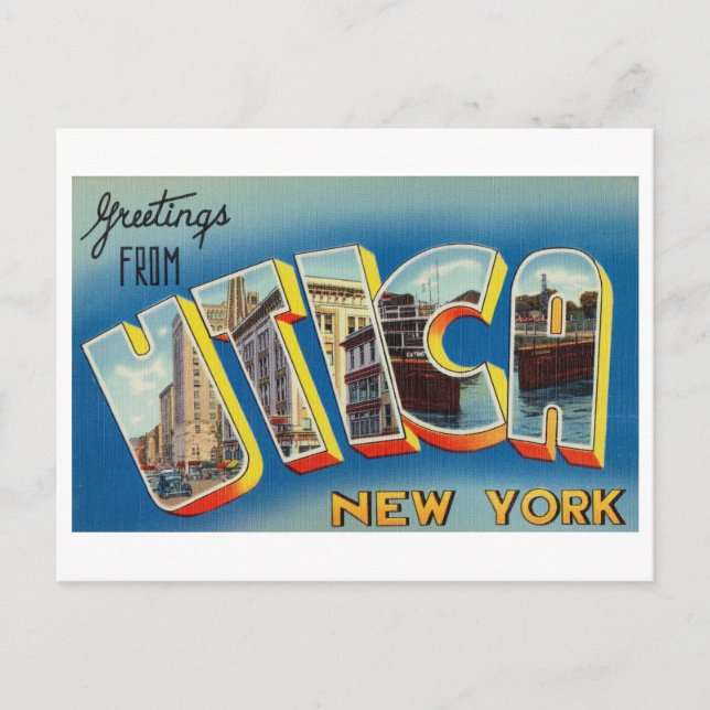 Postal Saludos antiguos de Utica, Nueva York (Anverso)