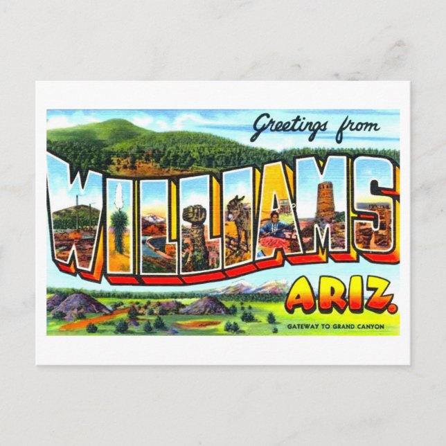 Postal Saludos Antiguos de Williams, Arizona (Anverso)